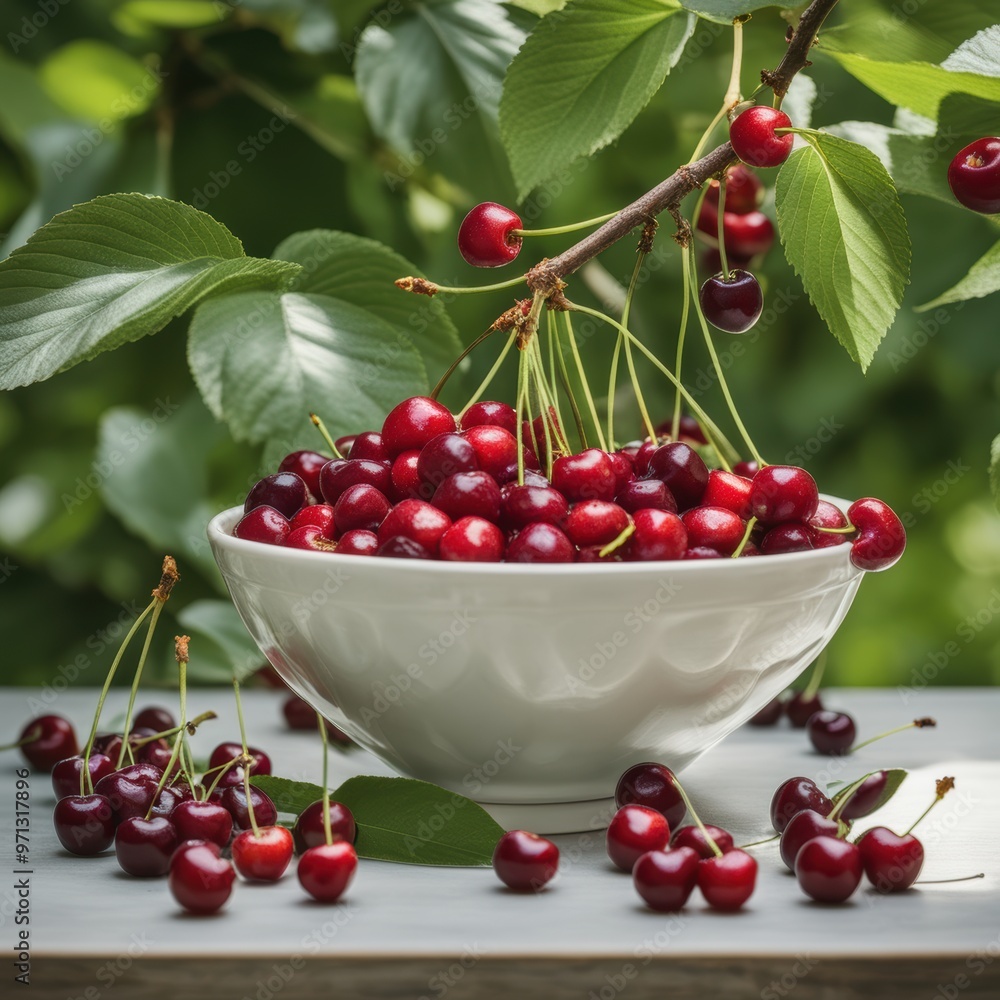 A white bowl filled with red cherries sits amidst a tree laden with ripe fruit. A white bowl filled with red cherries sits amidst a tree laden with ripe fruit.