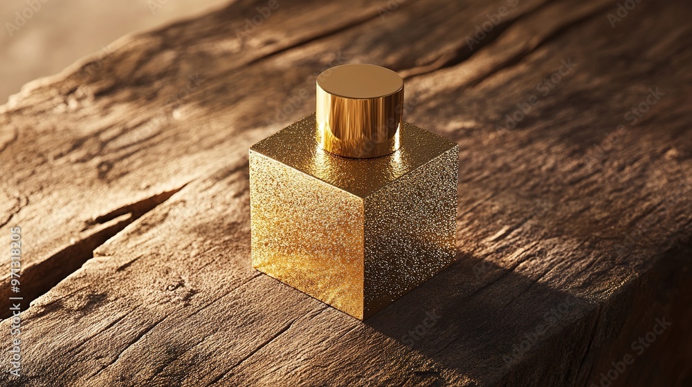 Luxurious golden perfume bottle on rustic wooden surface in natural light Luxurious golden perfume bottle on rustic wooden surface in natural light