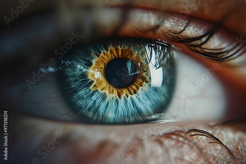 Closeup of Realistic Human Blue Eye with Detailed Iris, detail, texture, realism, biology