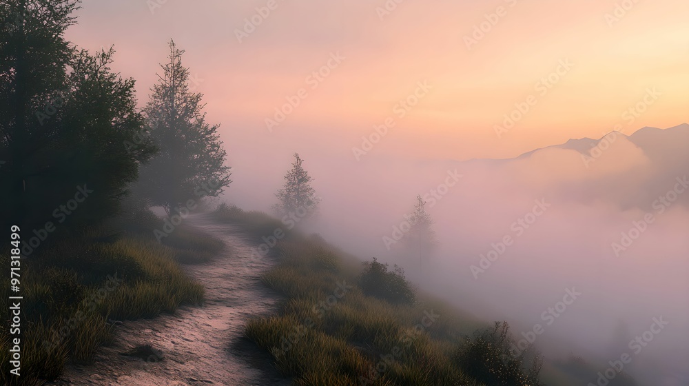 Serene Mountain Trail at Dusk, mountains, mist, peaceful, nature Serene Mountain Trail at Dusk, mountains, mist, peaceful, nature