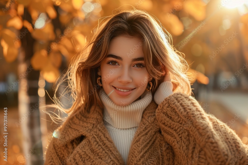 Young woman smiling in autumn scenery with golden leaves and warm sunlight Young woman smiling in autumn scenery with golden leaves and warm sunlight