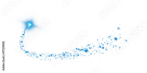 Blue glowing light effect with many glitter particles. Starry cloud with dust. Magic christmas decoration. Luminous bokeh softly shimmering blue light. Light abstract glowing lights. PNG. 