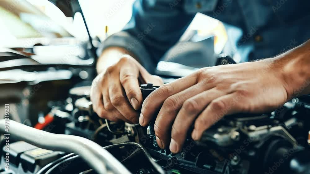 closeup of mechanics hands repairing car engine in garage closeup of mechanics hands repairing car engine in garage