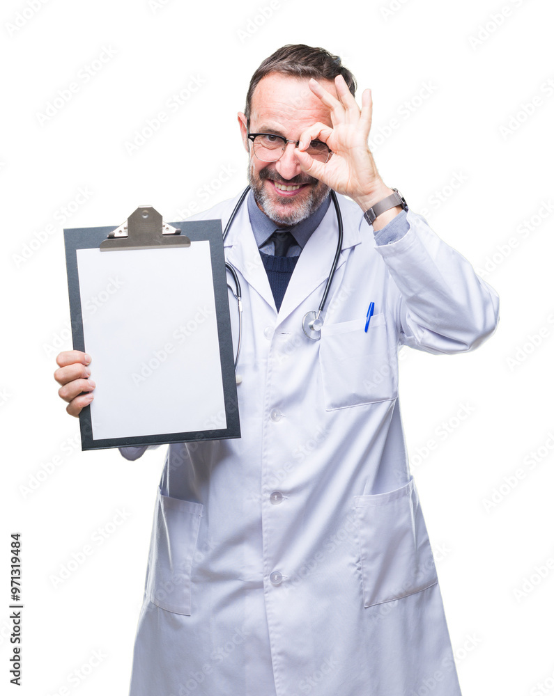 Middle age senior hoary doctor man holding clipboard isolated background with happy face smiling doing ok sign with hand on eye looking through fingers Middle age senior hoary doctor man holding clipboard isolated background with happy face smiling doing ok sign with hand on eye looking through fingers