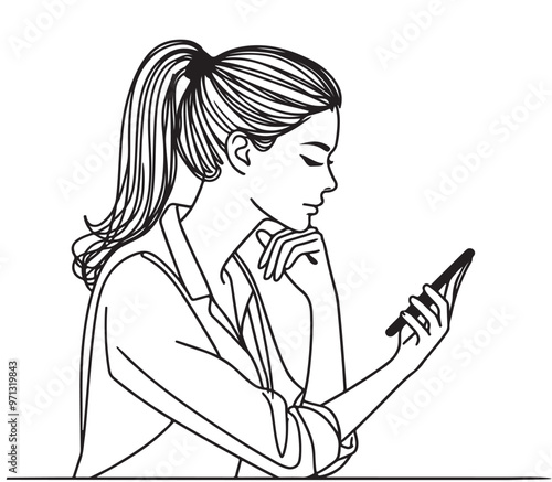 Hand sketch of young woman with smart phone. Vector illustration