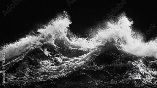 Bold black and white nature shot of crashing ocean waves with intense contrast on a solid black background emphasizing movement and force