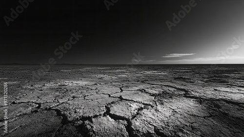 Striking black and white nature scene of a barren desert landscape with sharp contrasts and textures on a solid black background emphasizing desolation