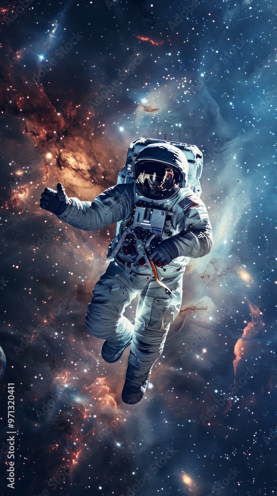 Fototapeta premium Astronaut in space suit gestures with left hand surrounded by stars, galaxies, and colorful nebulae.