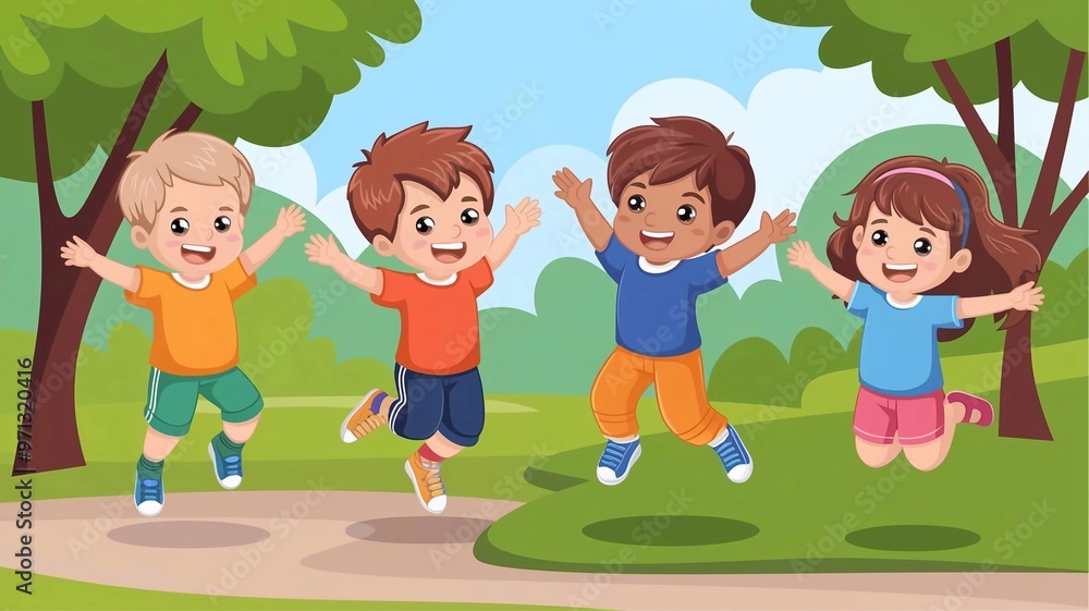 Happy children jumping in the park. Vector illustration in cartoon style. Happy children jumping in the park. Vector illustration in cartoon style.