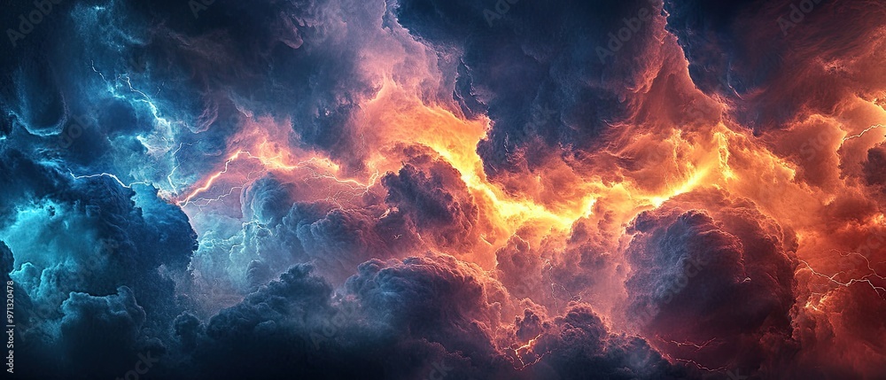 Dramatic dynamic photo of a stormy sky with lightning bolts and swirling clouds creating intense visual impact Dramatic dynamic photo of a stormy sky with lightning bolts and swirling clouds creating intense visual impact