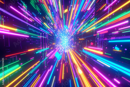 A neon light tunnel with a bunch of colorful balls and other objects photo