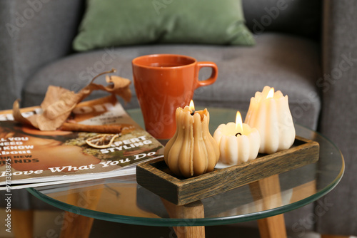 Wooden tray with burning ca...