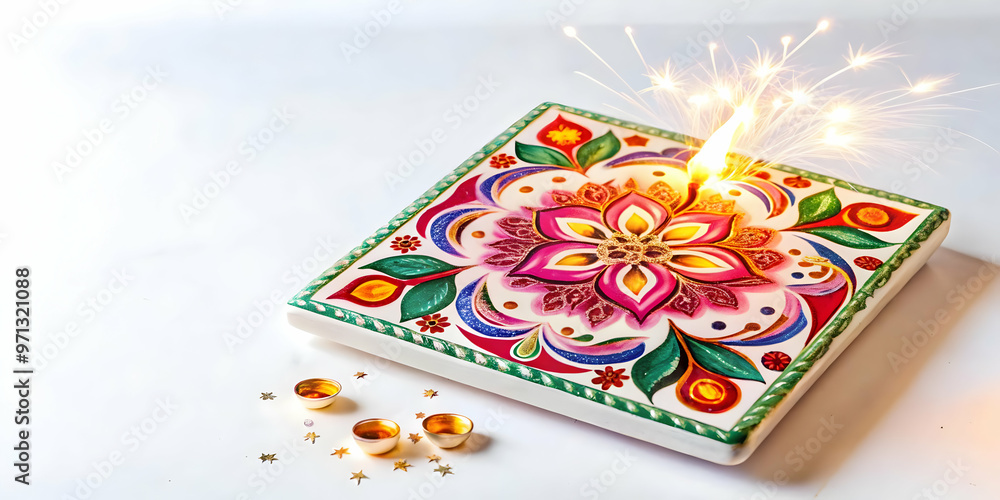 Fototapeta premium 3D Watercolor Sparklers & Cultural Symbols: Seamless Eco-Friendly Tile Design Featuring Lotus Flowers & Rangoli Patterns on a Zero Waste Theme