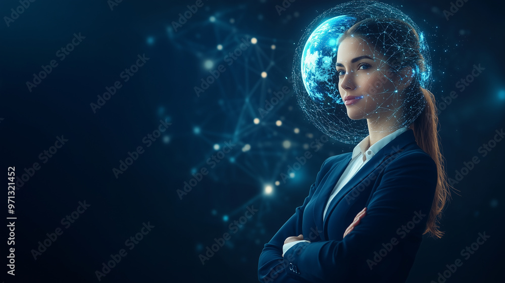 Naklejka premium Innovative Mindset: Businesswoman with Digital World Inside Her Head Against Dark Blue Background