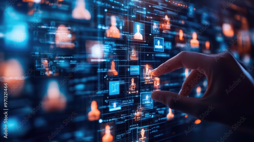 A hand reaches out to touch a digital screen filled with profiles and data. A hand reaches out to touch a digital screen filled with profiles and data.