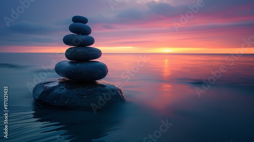 Stacked Stones on a Rock at Sunset Over Water