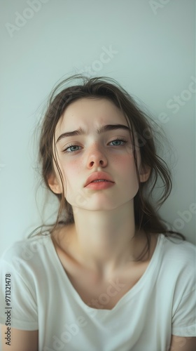 Young Woman with Freckles Looking Thoughtful in White T-Shirt.