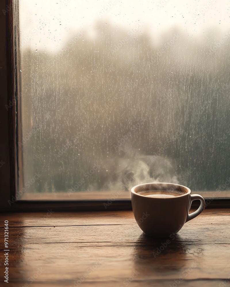 Eine Tasse Kaffee auf einer Fensterbank bei Regen Eine Tasse Kaffee auf einer Fensterbank bei Regen