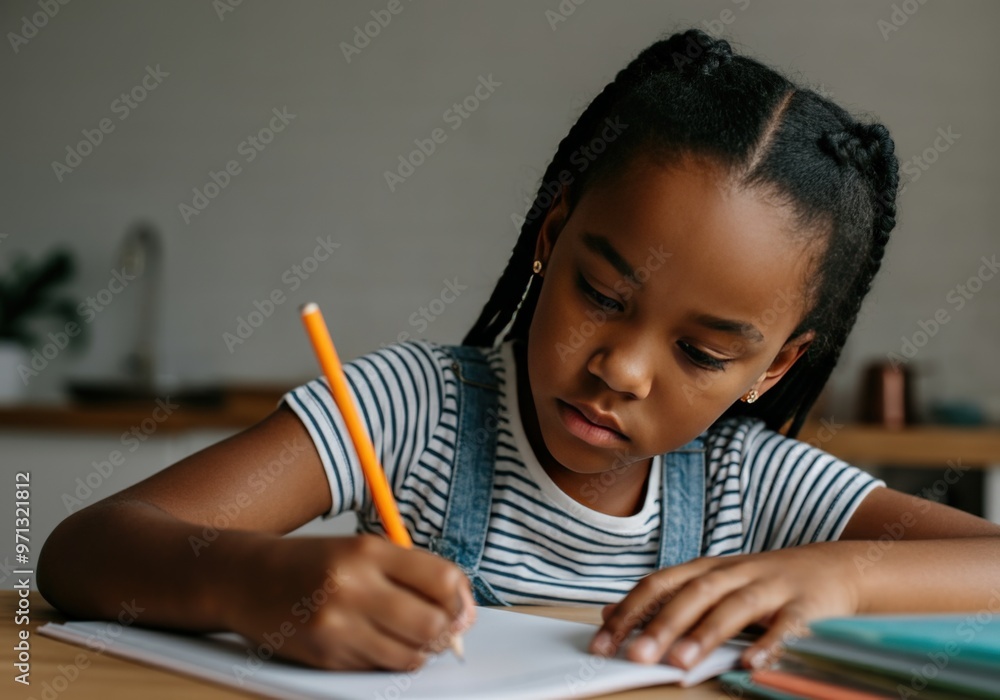 Young girl focused on writing in a notebook Young girl focused on writing in a notebook