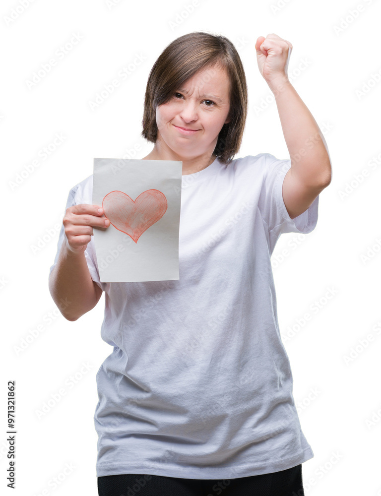 Young adult woman with down syndrome holding red heart card over isolated background annoyed and frustrated shouting with anger, crazy and yelling with raised hand, anger concept Young adult woman with down syndrome holding red heart card over isolated background annoyed and frustrated shouting with anger, crazy and yelling with raised hand, anger concept