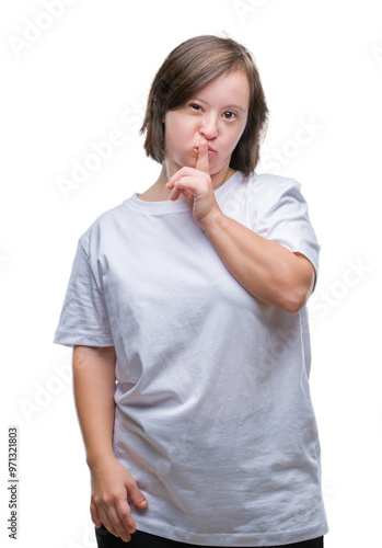 Young adult woman with down syndrome over isolated background asking to be quiet with finger on lips. Silence and secret concept.