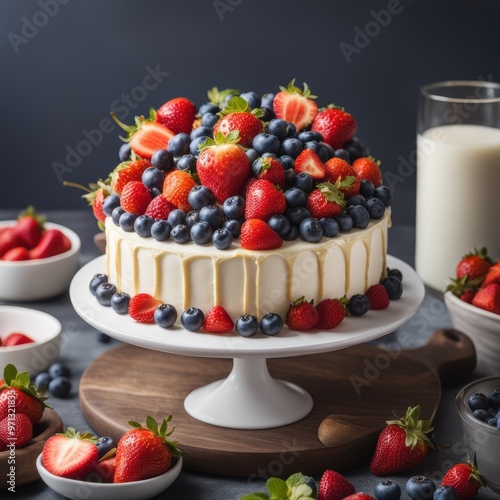 A colorful organic-looking cake with cream frosting topped with strawberries and blueberries on a white stand next to a glass of milk.