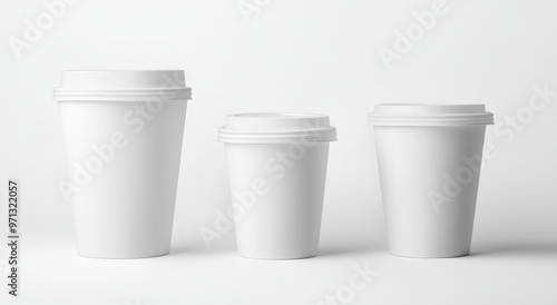 Set of Three White Paper Coffee Cups with Lids in Different Sizes