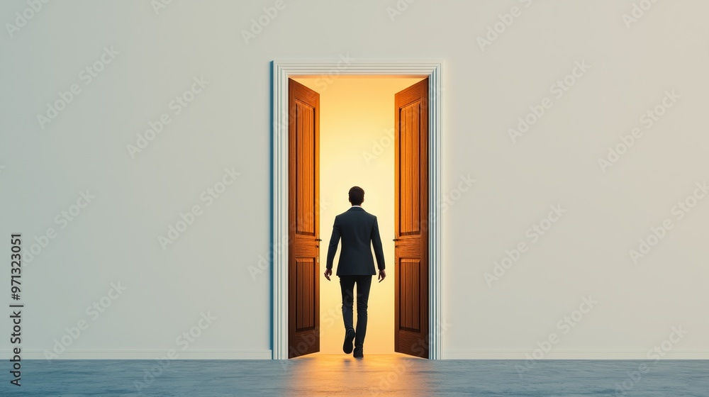 Fototapeta premium Person walking through an open door into a bright future, symbolizing new beginnings