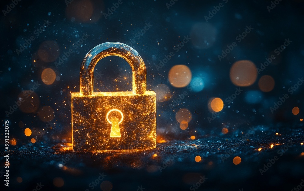 A golden lock with a keyhole is shown on a dark background A golden lock with a keyhole is shown on a dark background