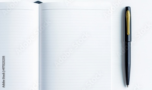 Blank page in a notebook with a pen, ready for writing a new chapter photo