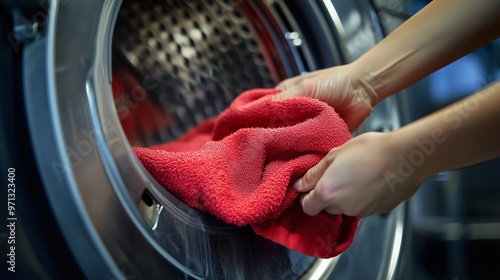 Person removing a red towel from a washing machine in a laundry room during the day, showcasing routine laundry tasks