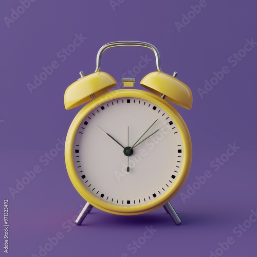 3D Rendering Yellow Vintage Alarm Clock with Purple Background