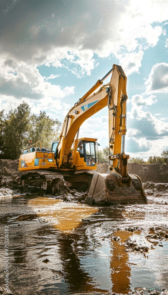 Detailed view of a yellow excavator operating in a river under a sunny sky surrounded by mud