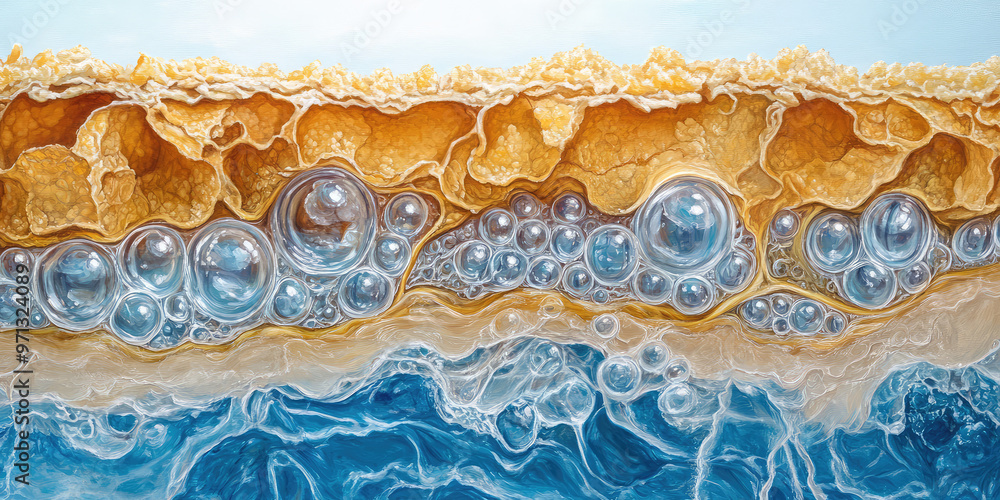 3d style structure of the skin water balance. Layers of water with bubbles and waves, splashes and cells. Abstract background of moisturization 3d style structure of the skin water balance. Layers of water with bubbles and waves, splashes and cells. Abstract background of moisturization
