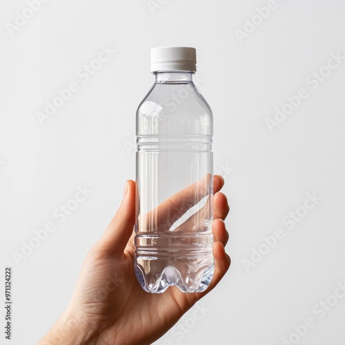 Empty Transparent Plastic Bottle on Hand created with Generative AI