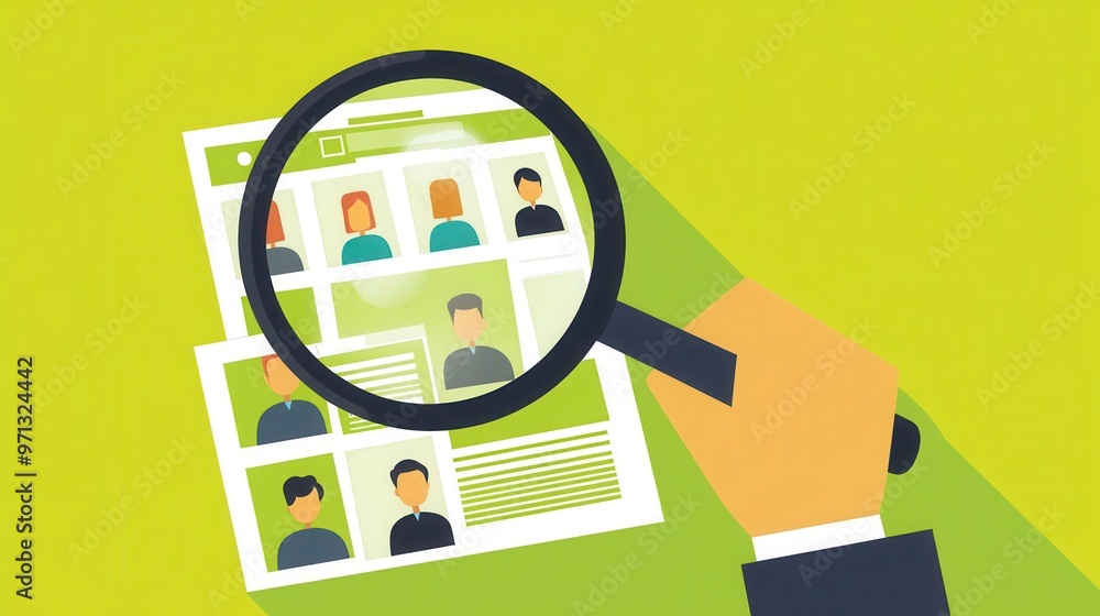 A clean vector illustration of a person holding a magnifying glass over a list of candidate profiles, displayed on a bright lime-green background. A clean vector illustration of a person holding a magnifying glass over a list of candidate profiles, displayed on a bright lime-green background.