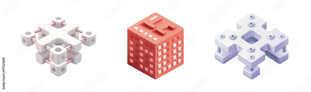 Set of abstract geometric shapes isometric 3d architectural construction white background industrial design modern technology innovation engineering minimal style futuristic building blocks elements Set of abstract geometric shapes isometric 3d architectural construction white background industrial design modern technology innovation engineering minimal style futuristic building blocks elements
