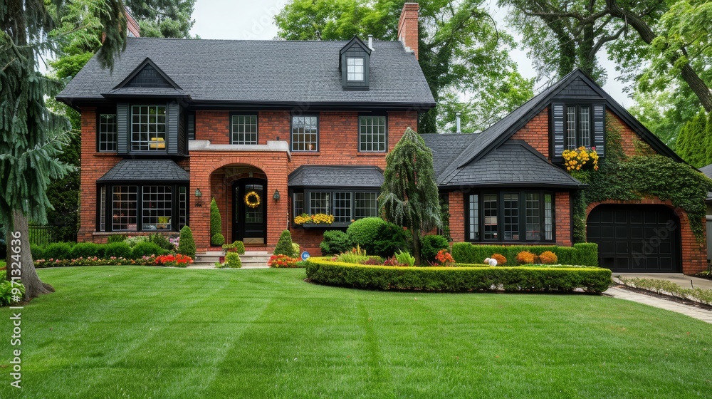 Charming colonial brick family home with black roof and vibrant flower bed in lush front yard Charming colonial brick family home with black roof and vibrant flower bed in lush front yard