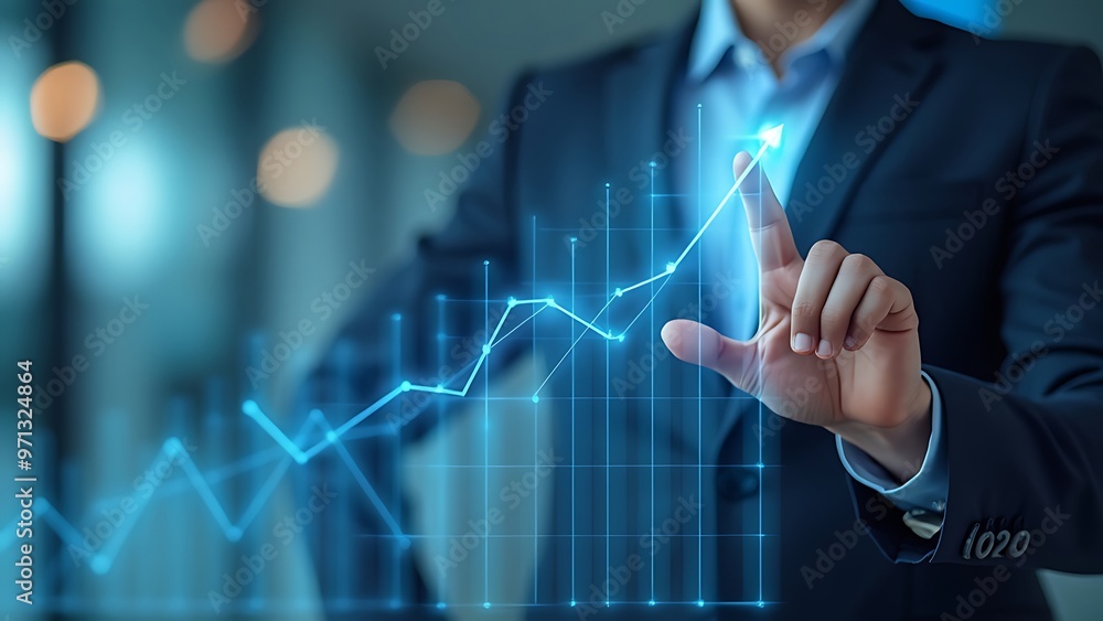 Businessman pointing to a glowing upward trend line, symbolizing growth and success in business strategies. Ideal for corporate and motivational Businessman pointing to a glowing upward trend line, symbolizing growth and success in business strategies. Ideal for corporate and motivational