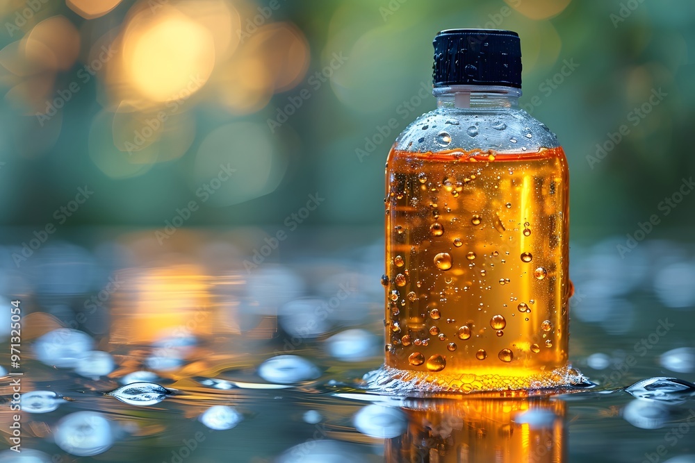 Orange Liquid in Clear Bottle with Droplets on Reflective Surface - Natural Remedy, Essential Oils, Aromatherapy Orange Liquid in Clear Bottle with Droplets on Reflective Surface - Natural Remedy, Essential Oils, Aromatherapy