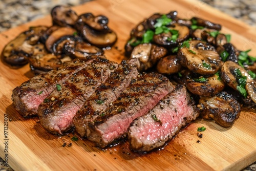 a wooden cutting board topped with steak and mushrooms