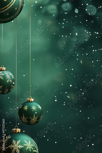 Green Christmas ornaments hanging with gold snowflake design on green snowy background