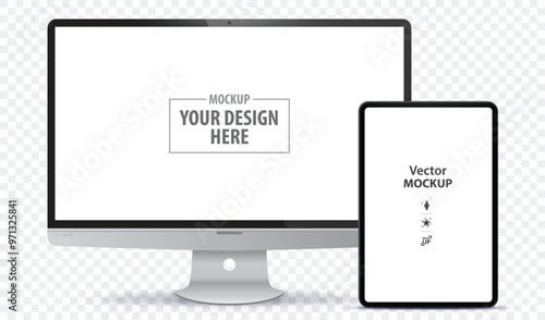 Desktop Computer and Tablet PC Screen Front View Mockup. Digital devices template vector illustration with transparent background.