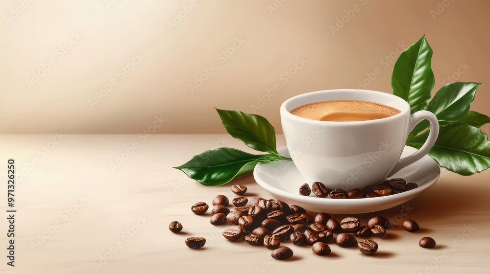 Realistic image of coffee beans with a cup of espresso and a coffee bean sprig Realistic image of coffee beans with a cup of espresso and a coffee bean sprig