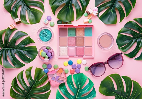 The pink background features various makeup products, such as lipstick and eye shadow palettes, arranged next to green leaves or other nature-inspired elements. The composition includes sunglasses and photo