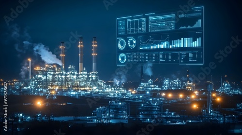 Illuminated industrial petrochemical refinery plant at night with a digital dashboard interface displaying data analytics,charts.