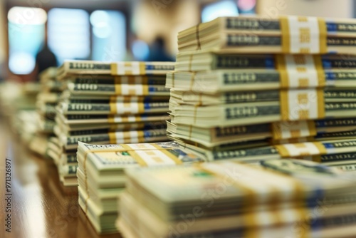 stacks of hundred-dollar bills neatly arranged on a table