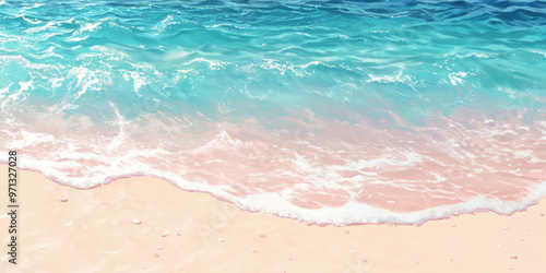 Shining sunny coastline with pink sand and texture of crystal clear sea water, foam and waves. Summer background with copy space