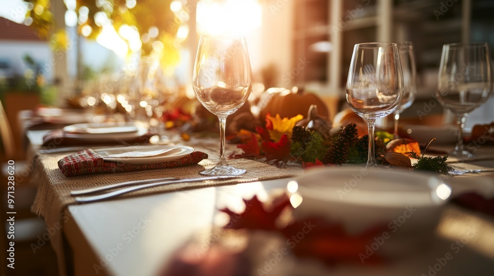 Harvest Bounty: Thanksgiving Table Setting with Cornucopia, Fruits, Vegetables, and Autumn Leaves in Golden Sunlight Harvest Bounty: Thanksgiving Table Setting with Cornucopia, Fruits, Vegetables, and Autumn Leaves in Golden Sunlight