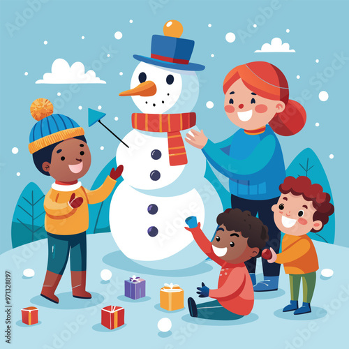 Snowman building activity with children adding buttons and a hat